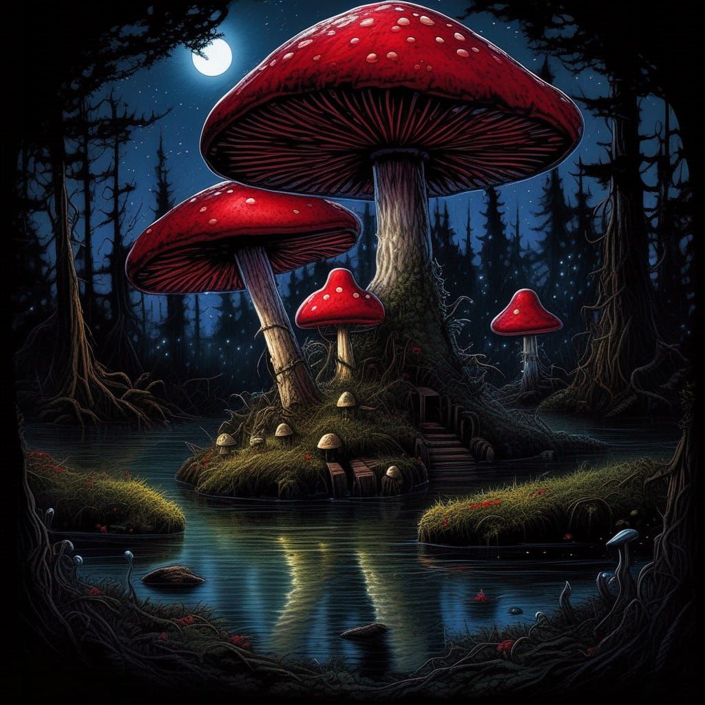 Gothic Horror Toadstool Under Starry Night