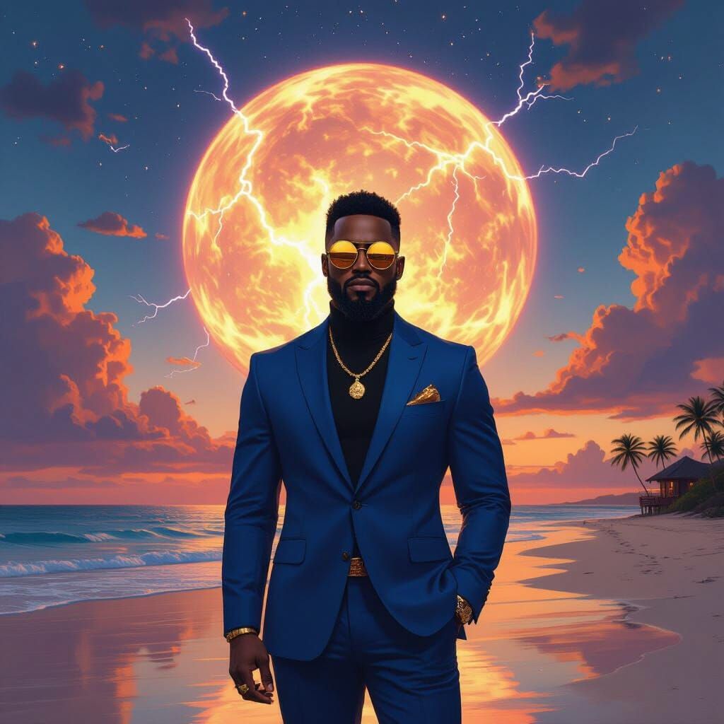 Twilight Beach Portrait with Cosmic Planet in Digital Art St...