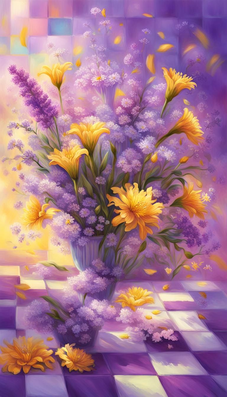 Whimsical Floral Fantasy Against Bold Checkered Backdrop