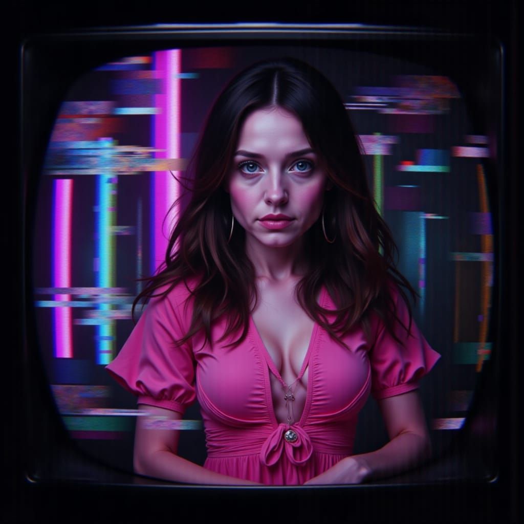 Woman on Glitching TV Screen in Darkerrorcore Style