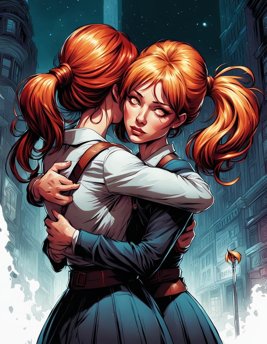 School Girls Hug in Comic Book Style