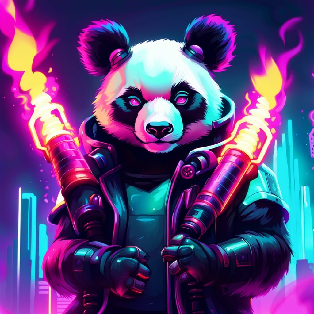 Cyberpunk Panda with Flamethrowers in Synthwave Style