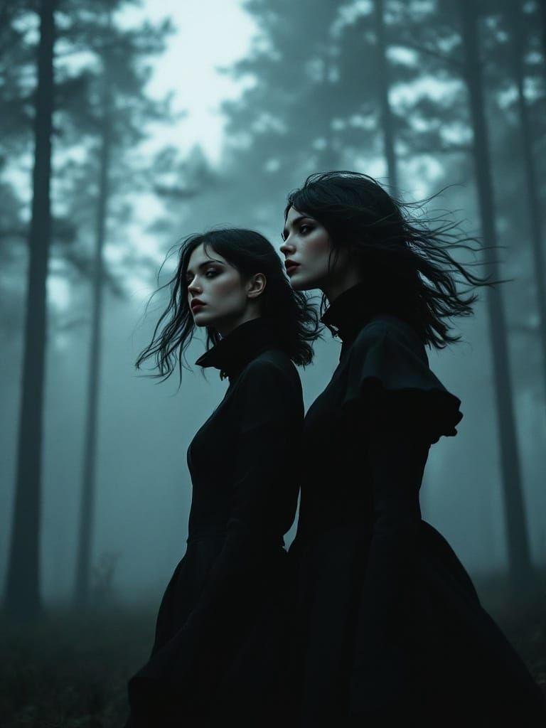 Gothic Women in Foggy Forest: Cinematic Still