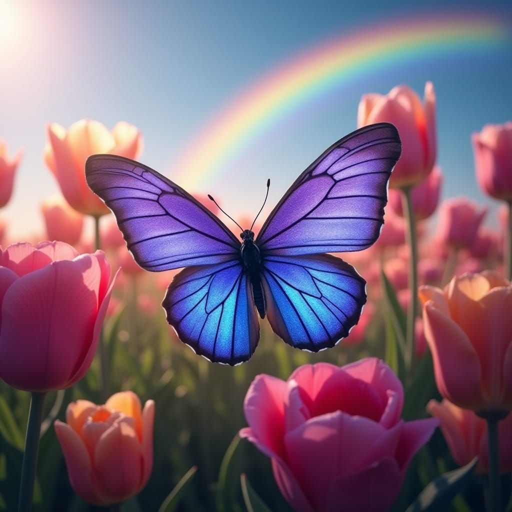Vibrant Bioluminescent Butterfly Among a Rainbow-Colored Tul...