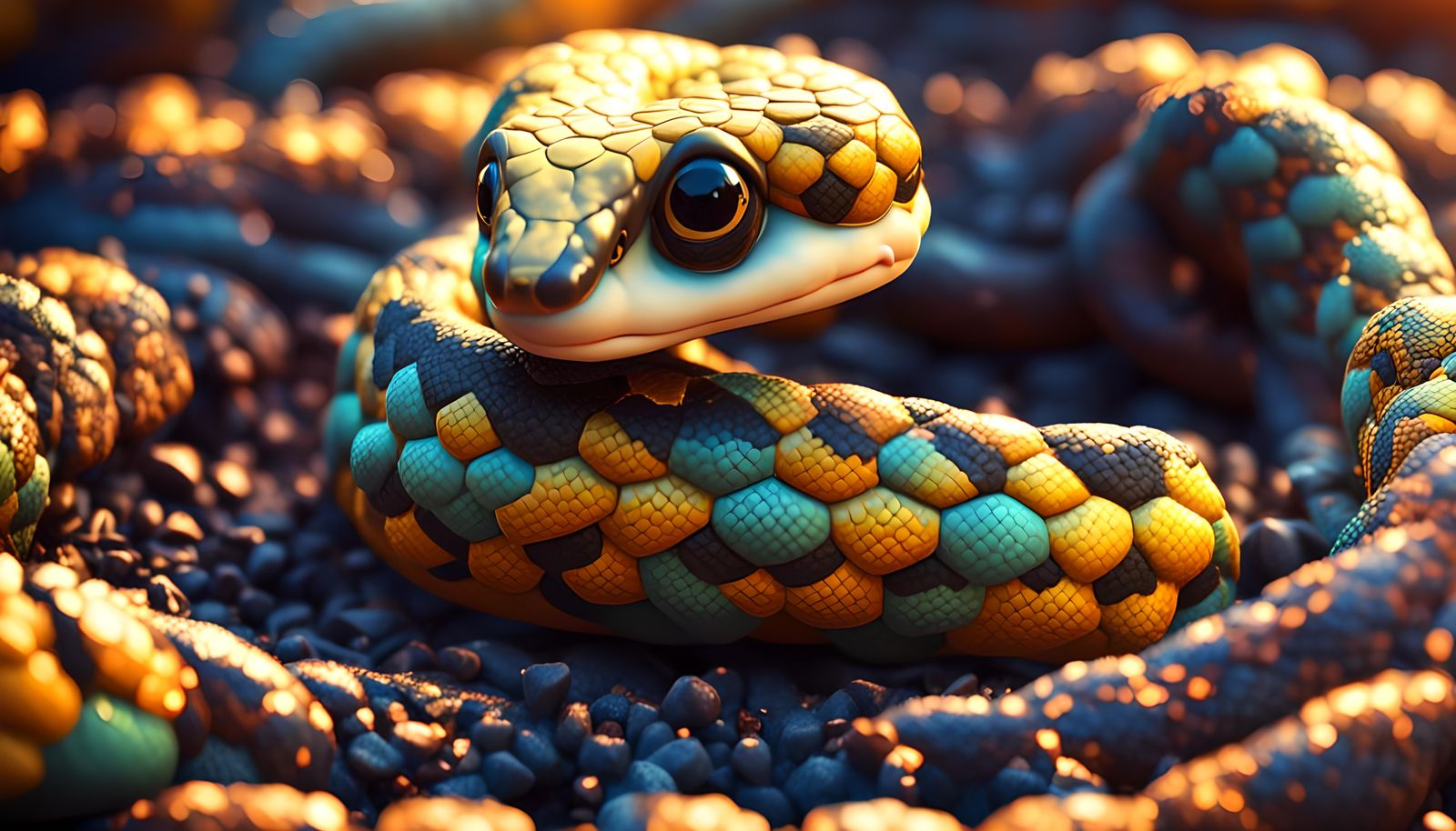 Detailed 3D Chibi Baby Snake in Golden Hour