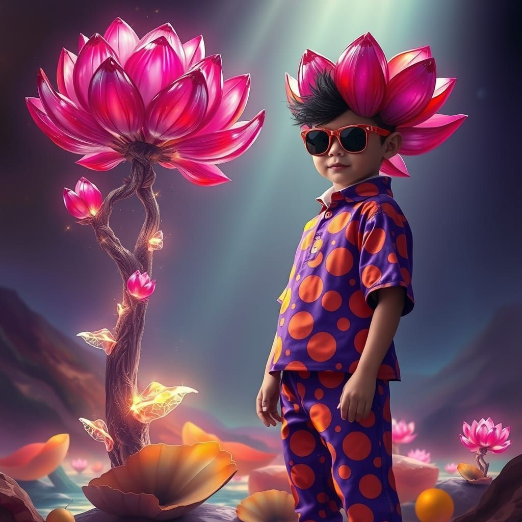 Vibrant Child in Dreamlike Landscape with Crystal Lotus Flow...