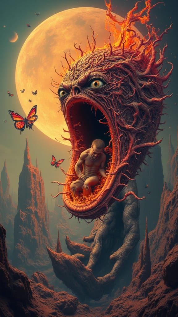 Ethereal Man-Peacock Mutant in Fiery Sky