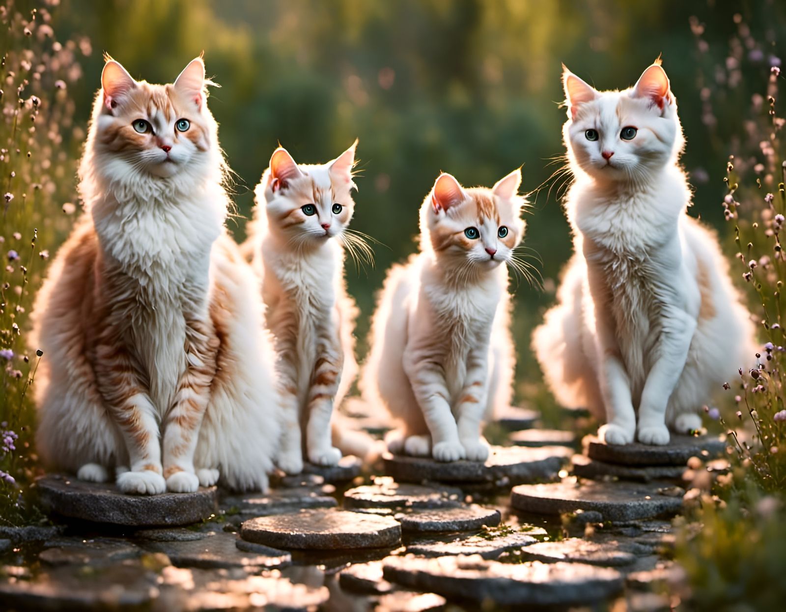 Ethereal Cats on River Stepping Stones
