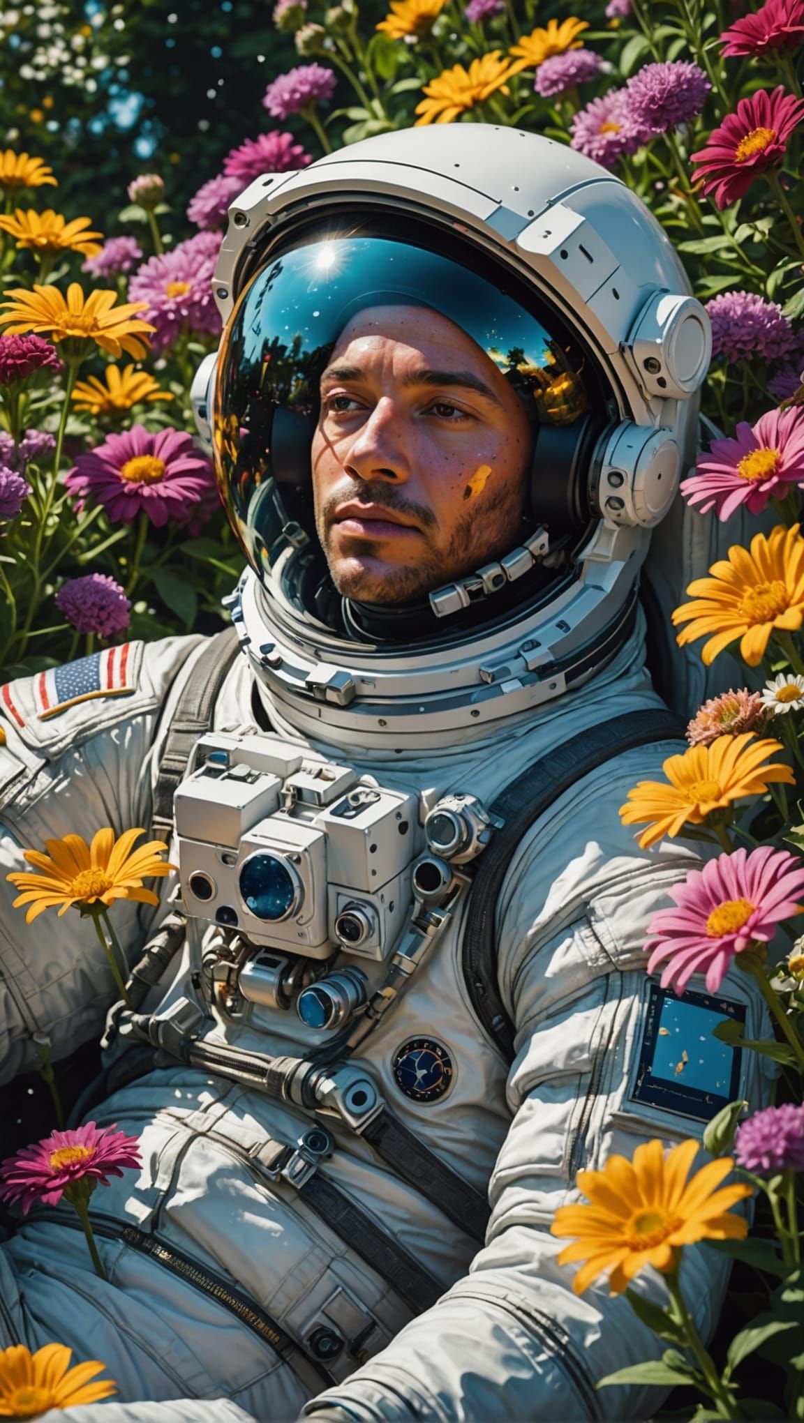 Astronaut in Flower Garden Reflecting the Universe