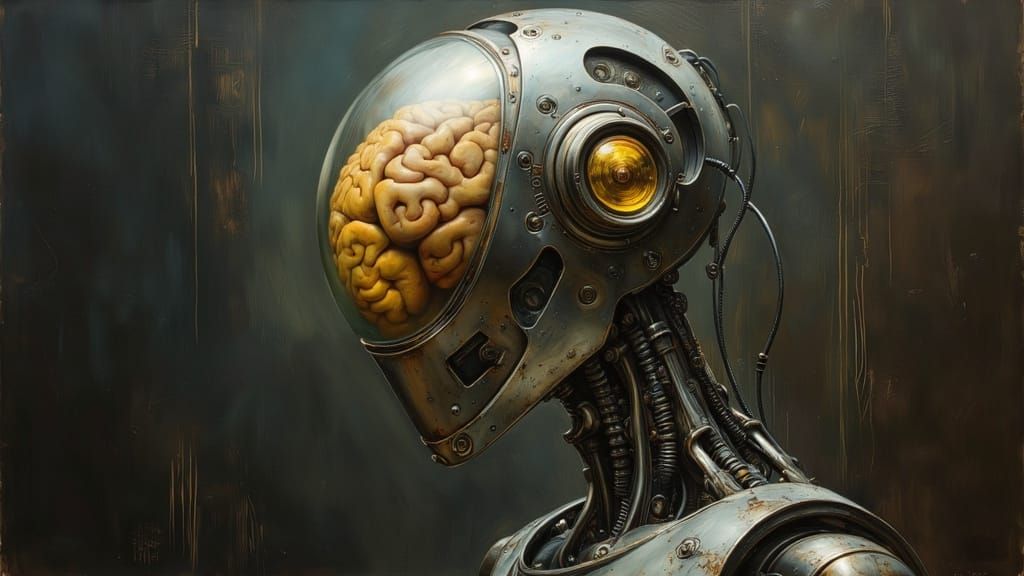 Robot Portrait with Brain in Jar, Dark Oil Paint Style