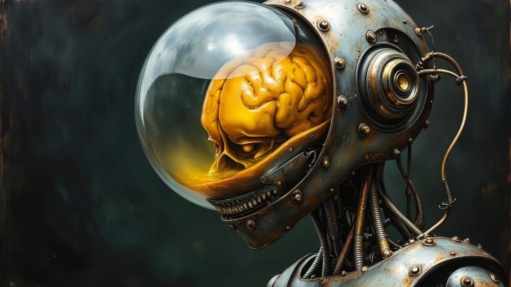 Brushed Steel Robot with Human Brain, Post-Apocalyptic Art