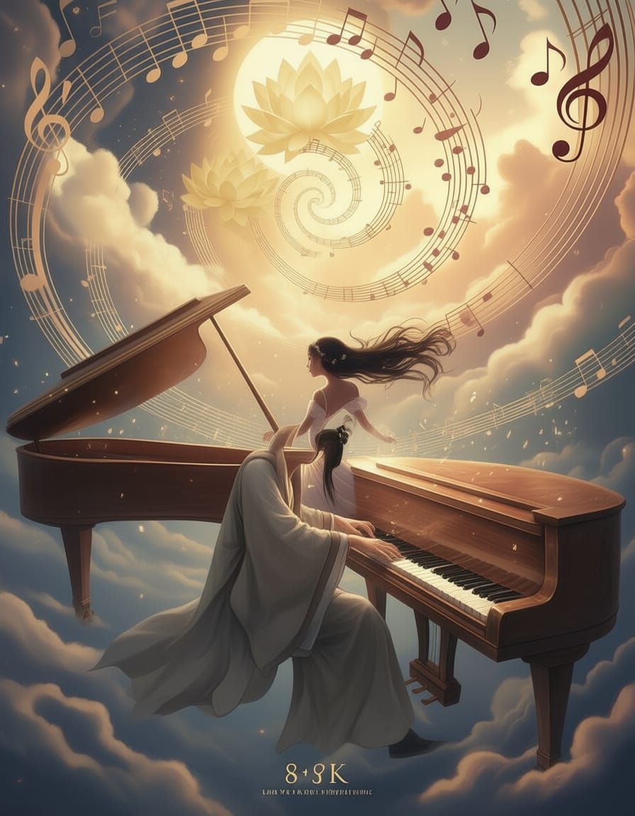 Character Plays Celestial Piano Amidst Clouds