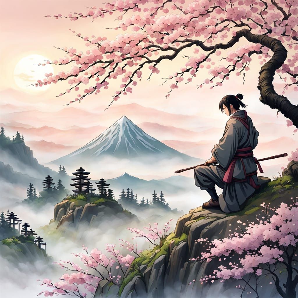 Serene Samurai Contemplating the Past in Muted Watercolor
