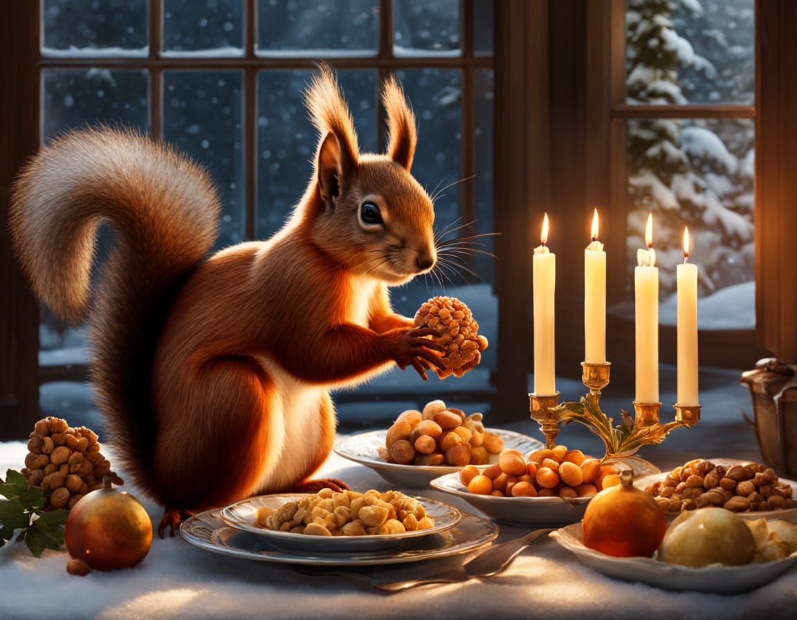 Red Squirrel Steals Christmas Nuts: Baroque Oil Painting