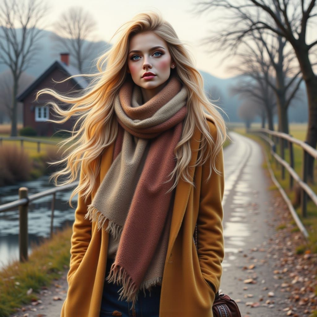 Woman in Winter Scarf Walks by River Landscape