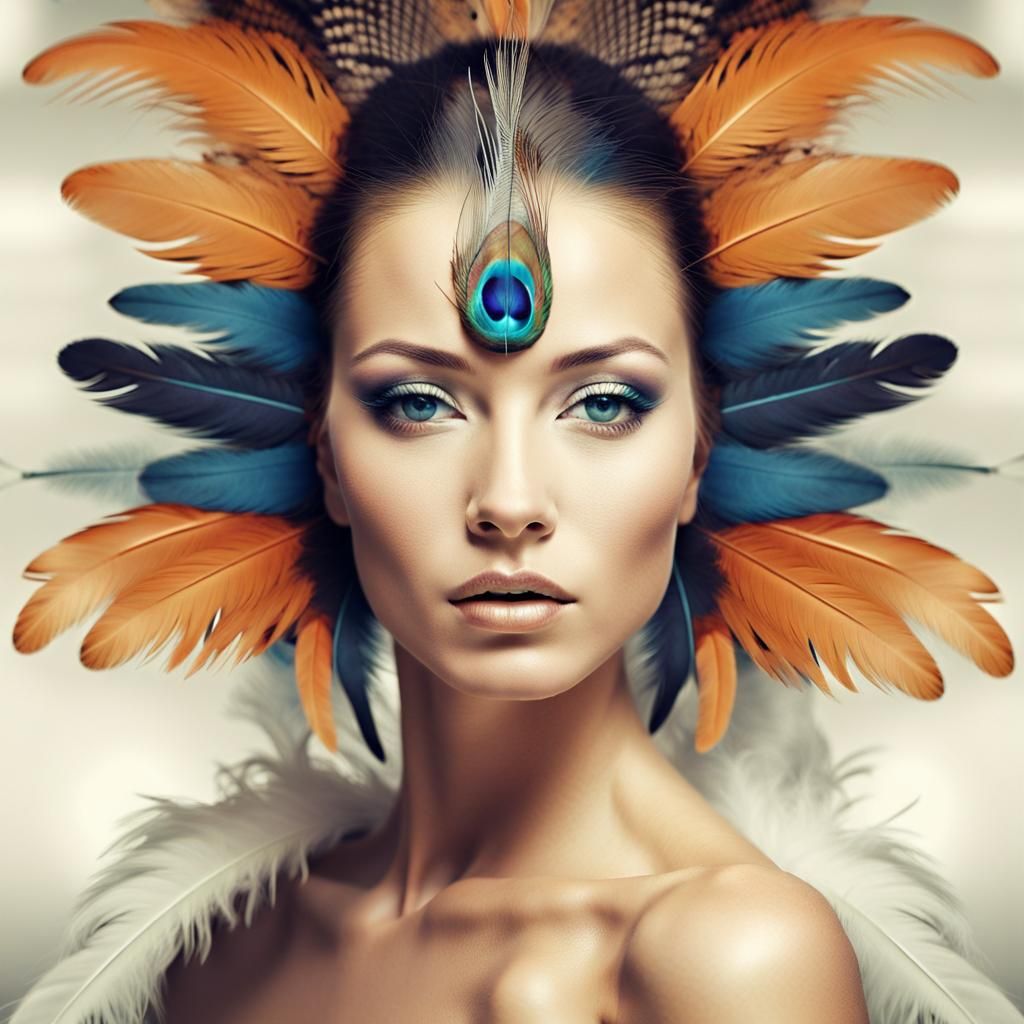 Exotic Fractal Elegance: Woman with Feathers