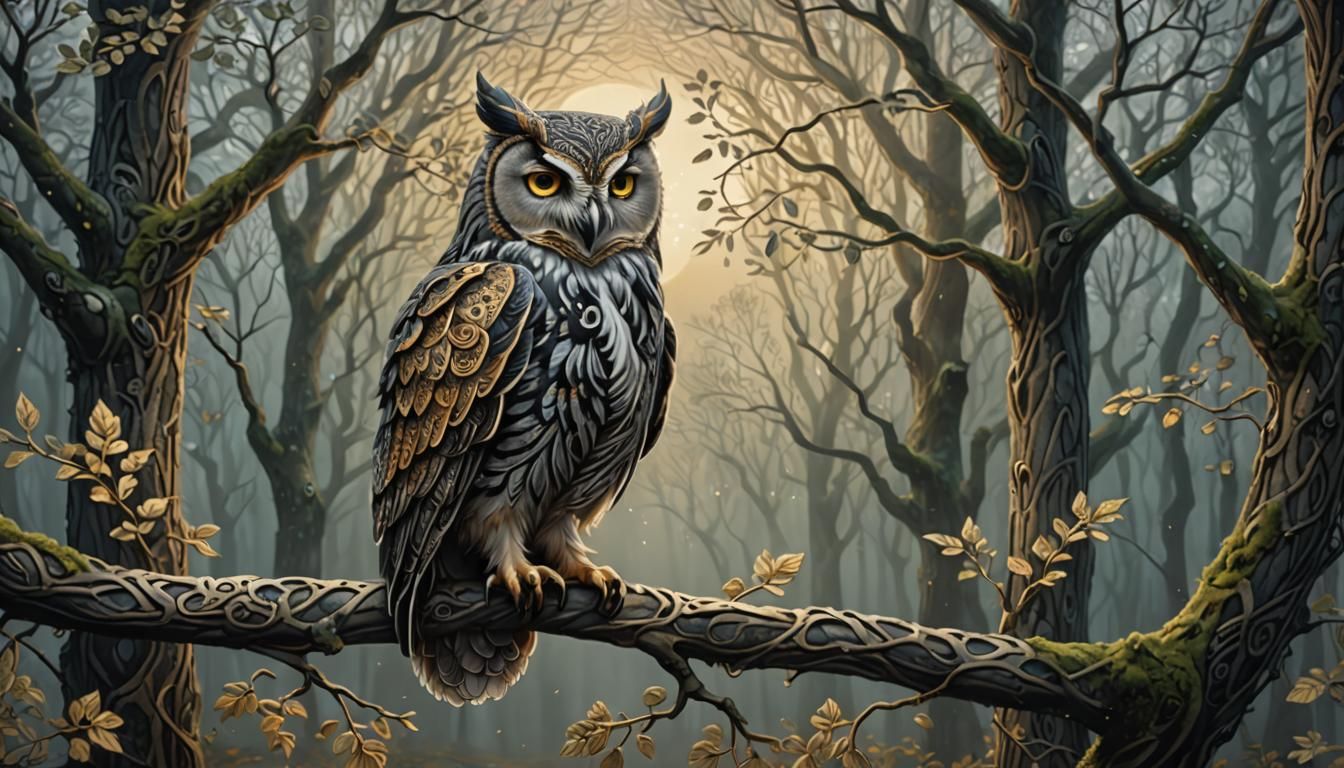 Celtic Owl in Misty Forest: Art Nouveau Style