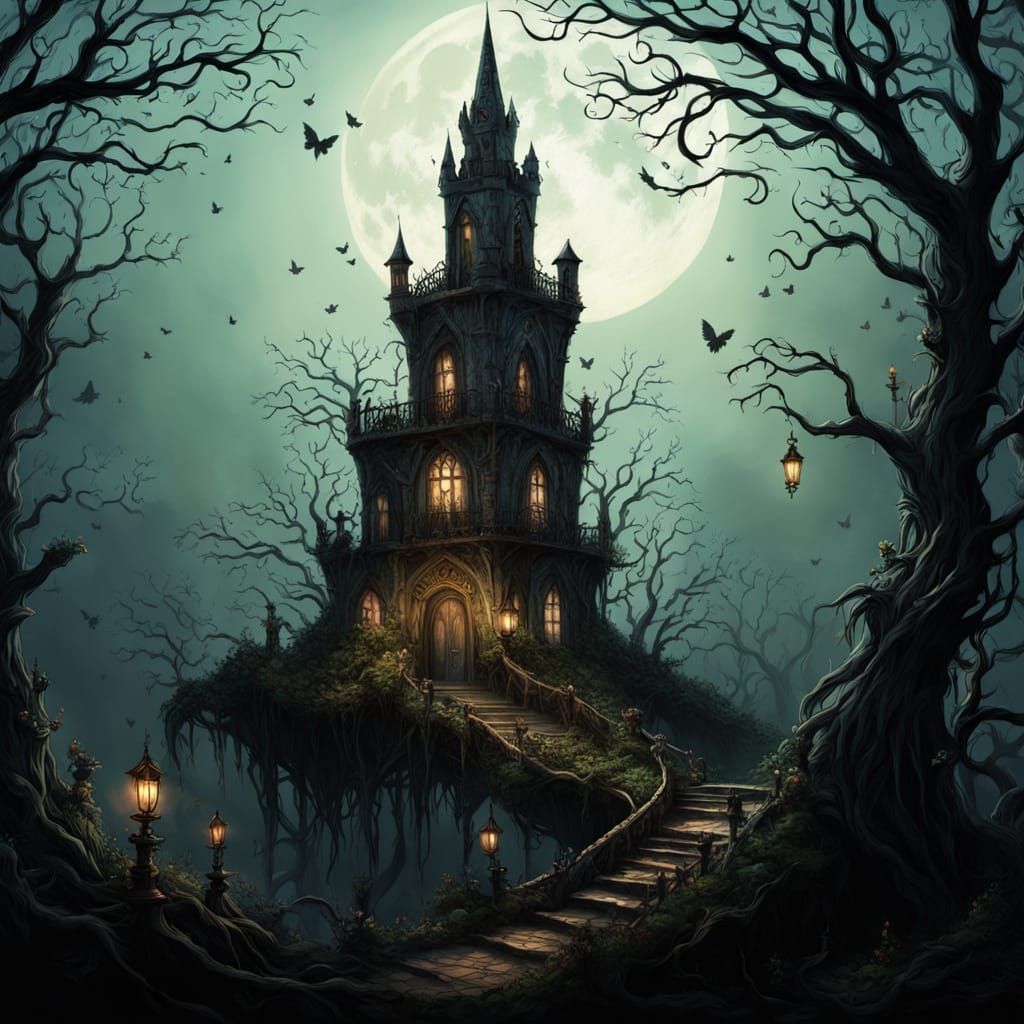 Creepy Abandoned Tower in Scary Woods, Gothic Fairy Tale Art