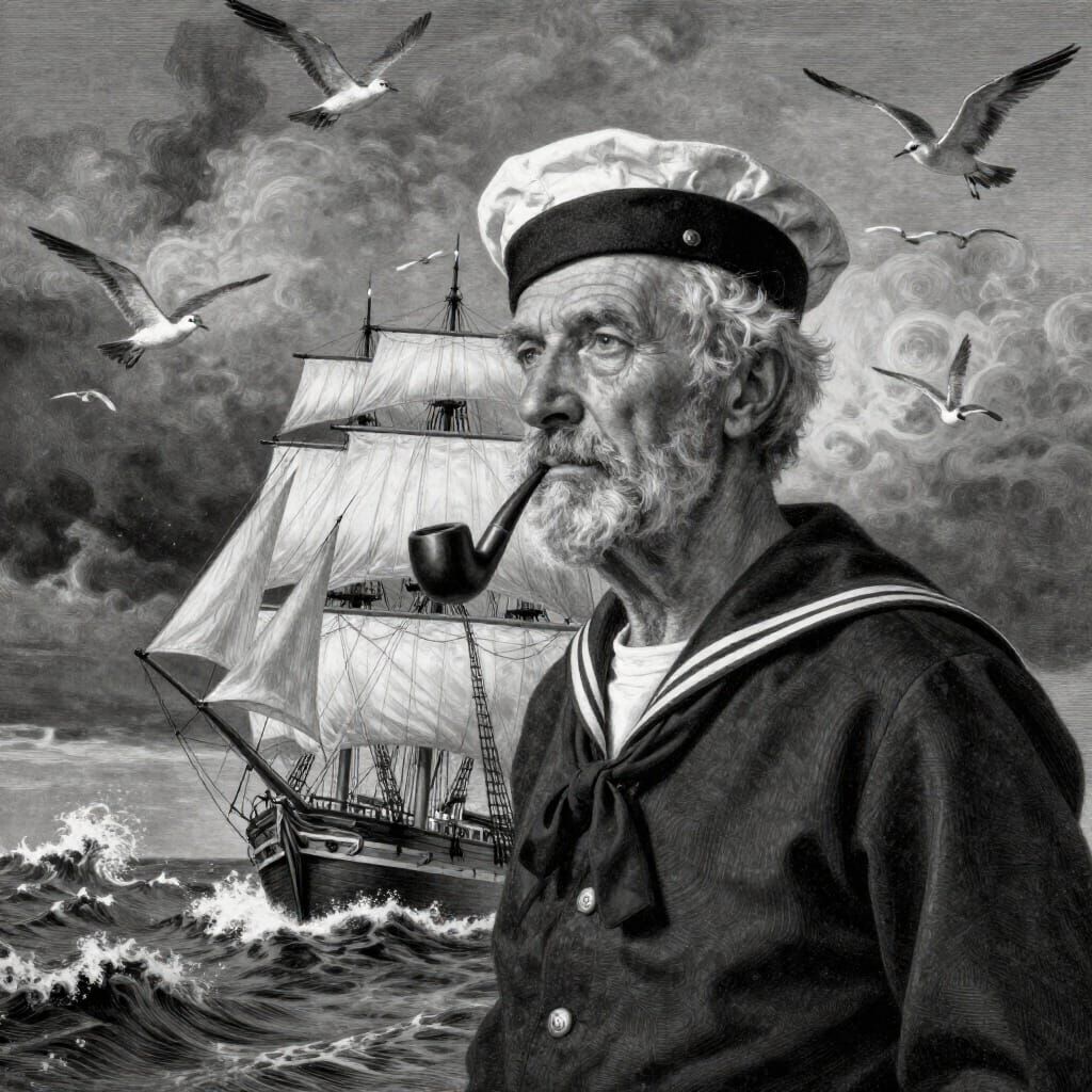 Elderly Sailor's Contemplation: Ship Emerging from Chest in ...