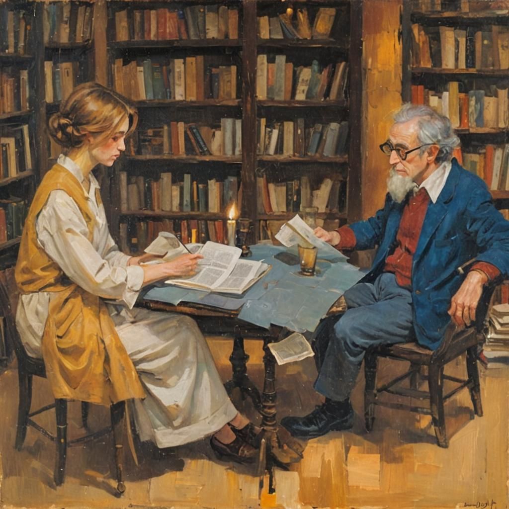 Philosophical Woman in Abandoned Library: Surreal Oil Painti...