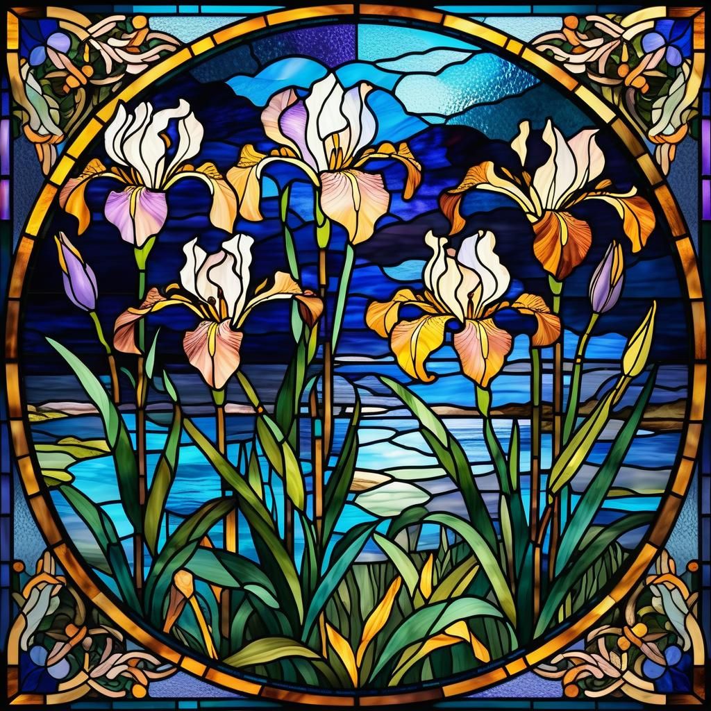 Art Deco Stained Glass Window with Irises and Lilies