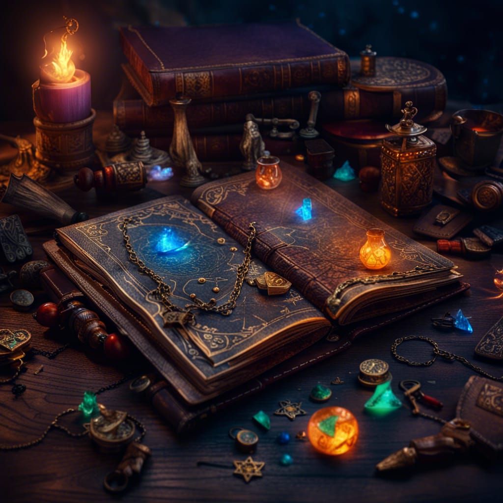 Enchanted Spell Book with Glowing Runes and Charms