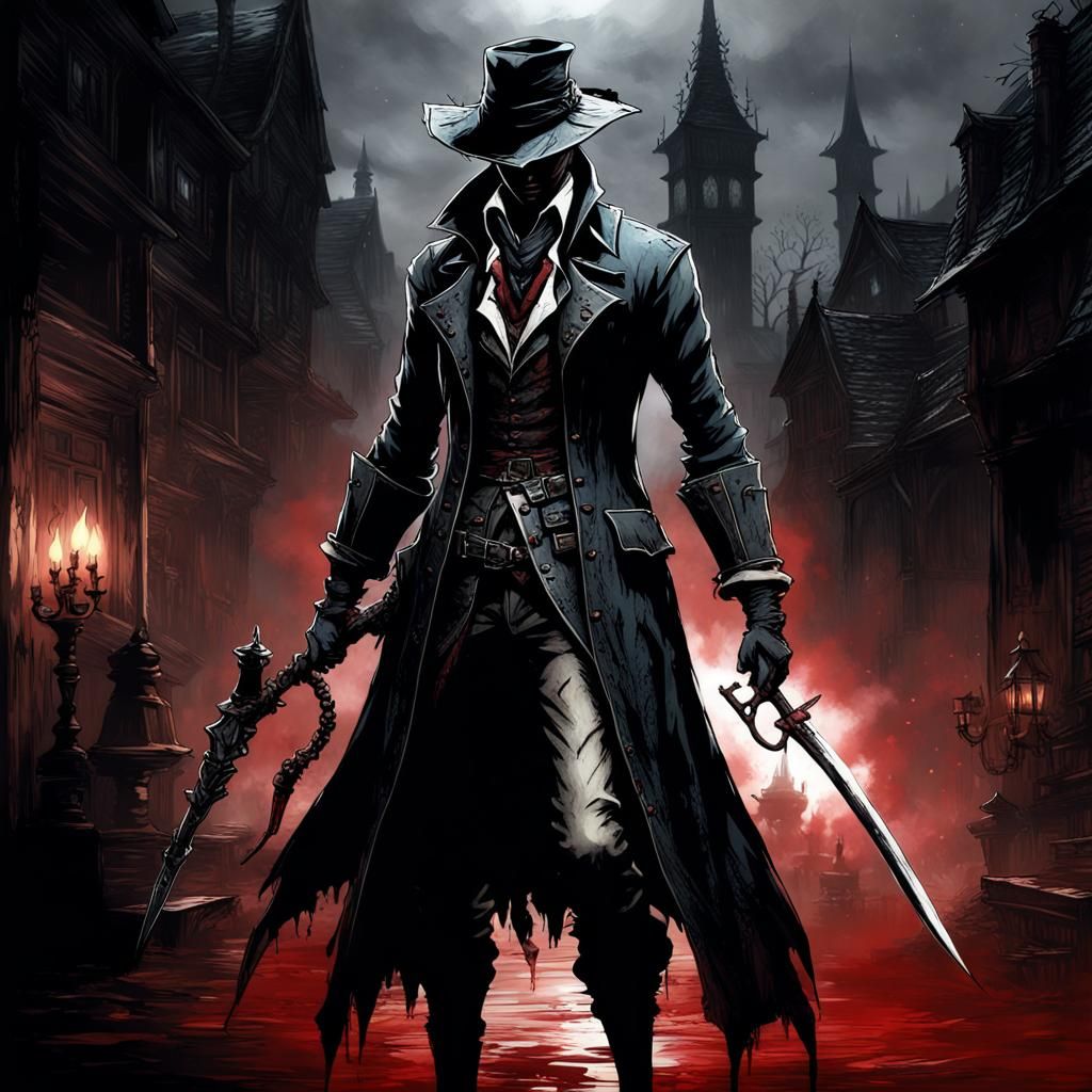 Dark Hunter with Kitana in Rainy Bloodborne Scene