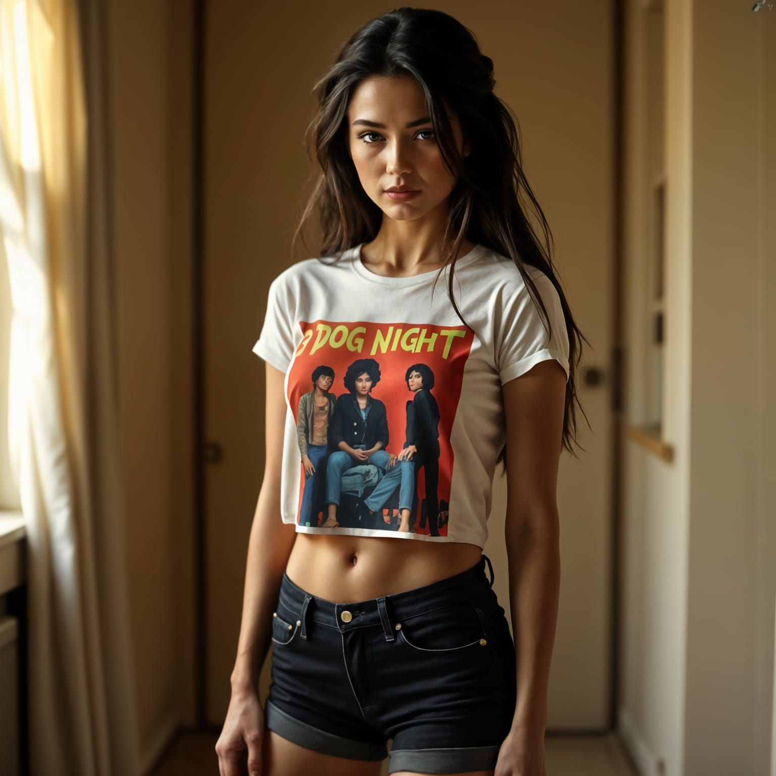 Hyperrealistic Portrait of a Dark-Haired Woman in a 3 Dog Ni...