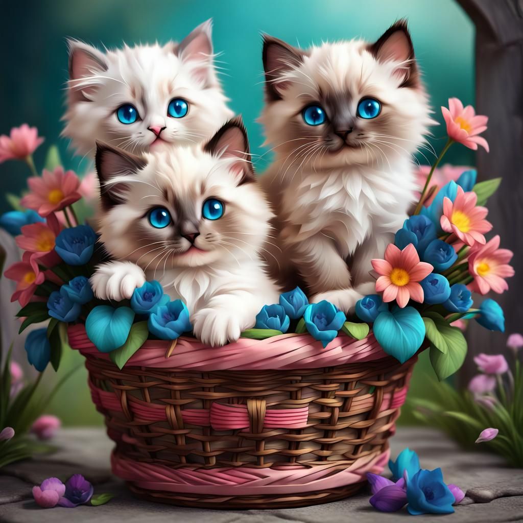 Chibi Ragdoll Kittens in a Vibrant Spring Floral Basket