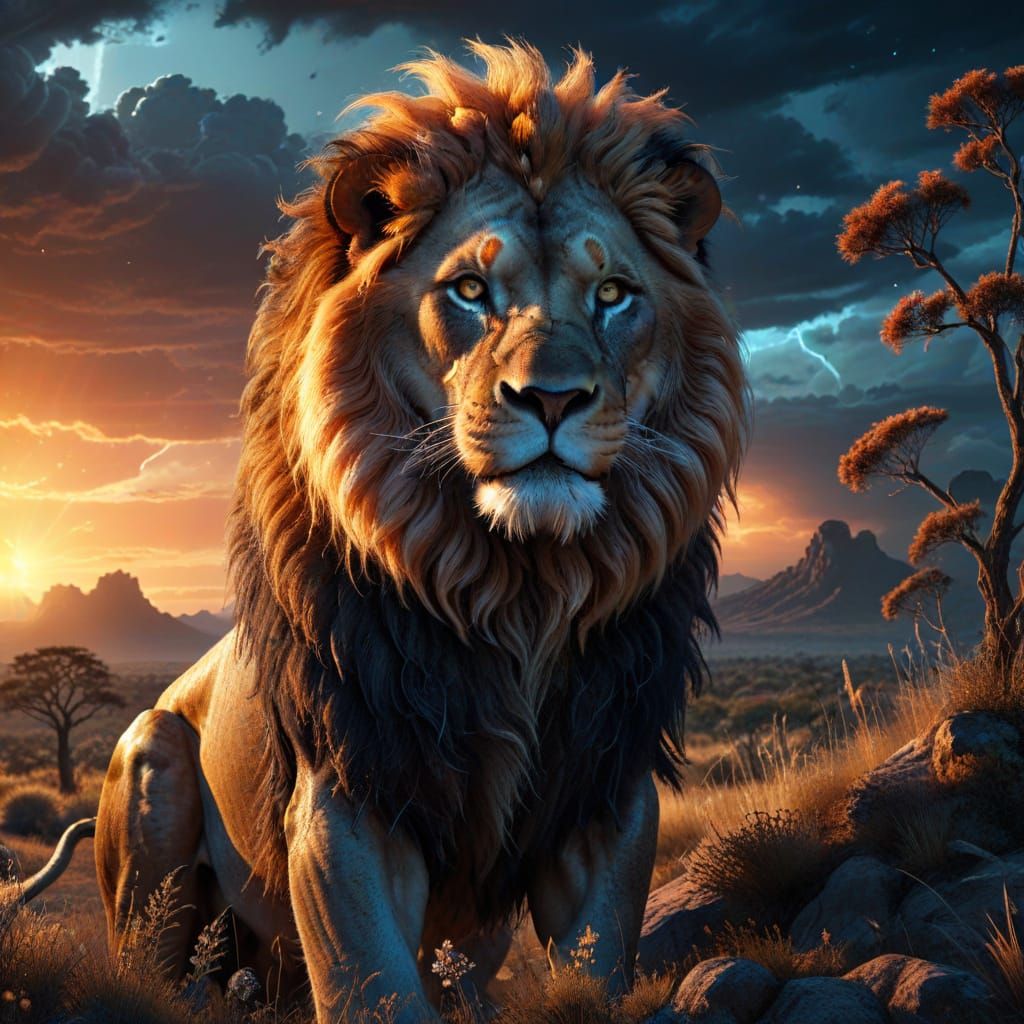 Majestic Lion Surveys Alien Savanna Under Binary Sunset