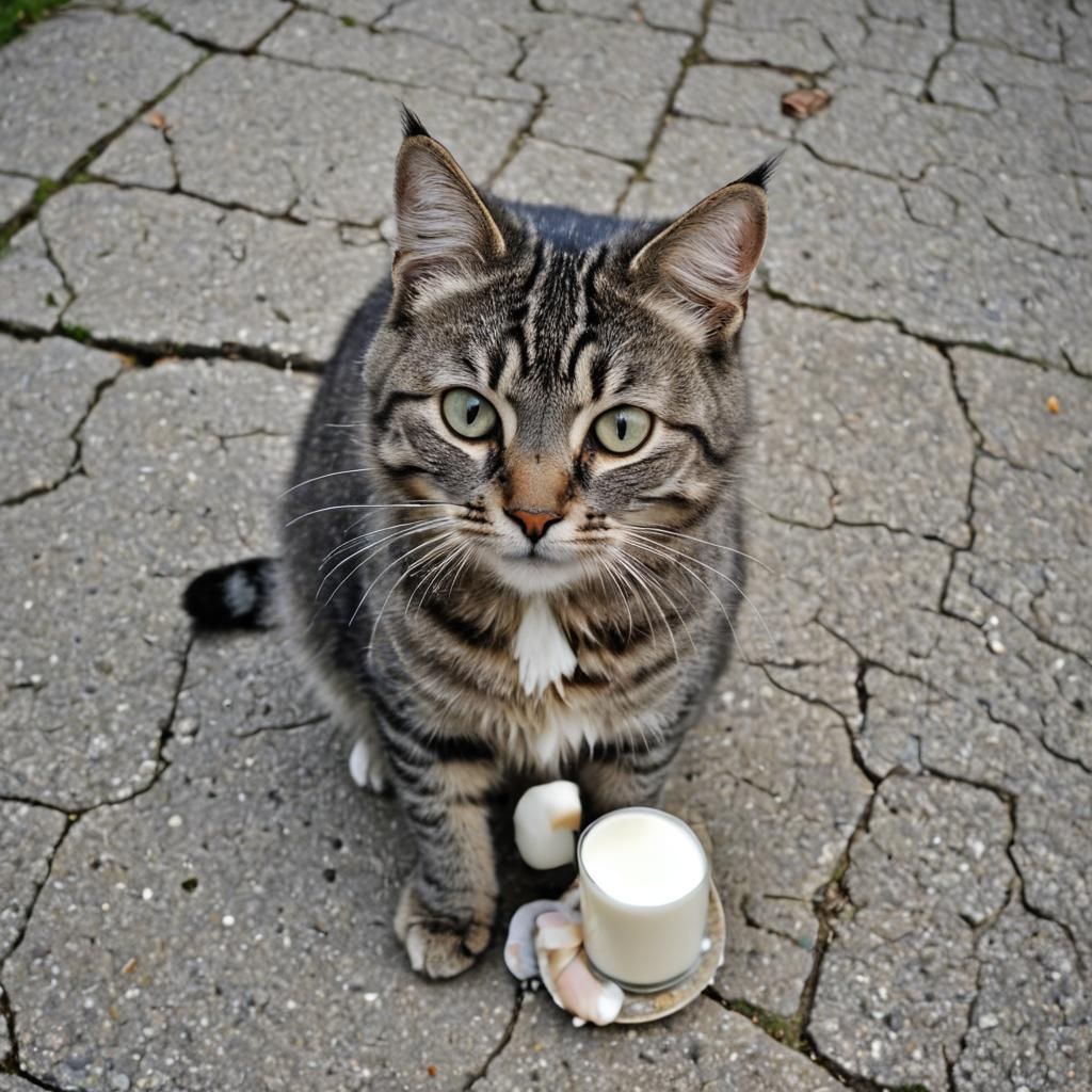 Grey Tabby Cat Lapping Milk, Professional Photography