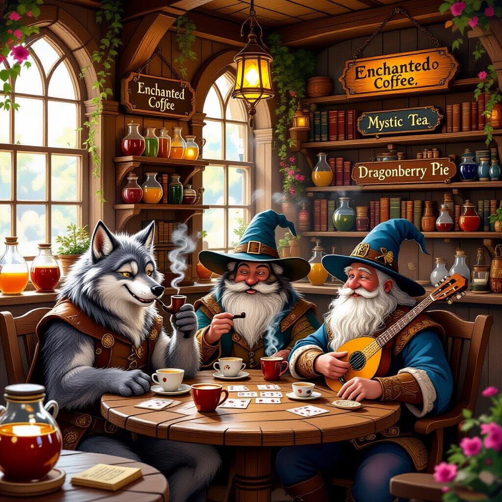 Magical Cafe Scene With Werewolf, Wizard, and Bard
