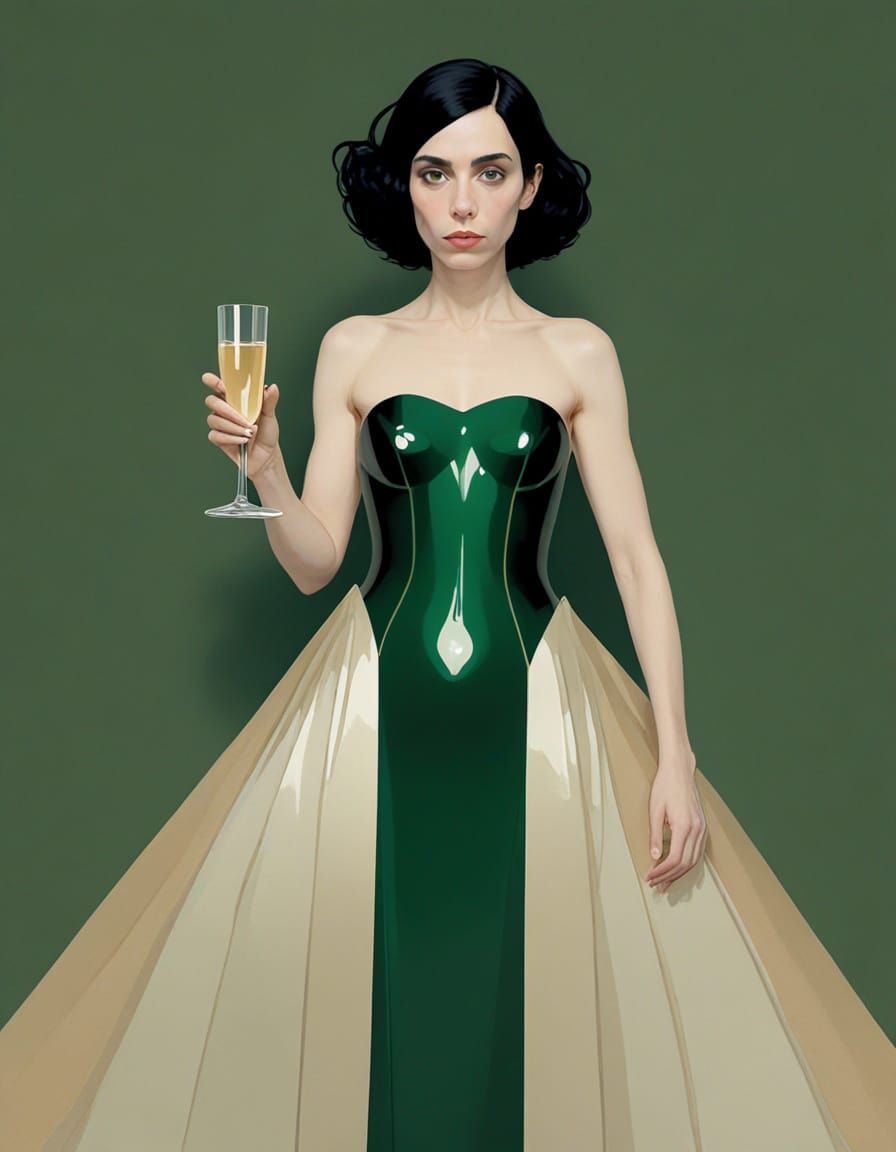PJ Harvey in a Dark Green Glass Champagne Dress