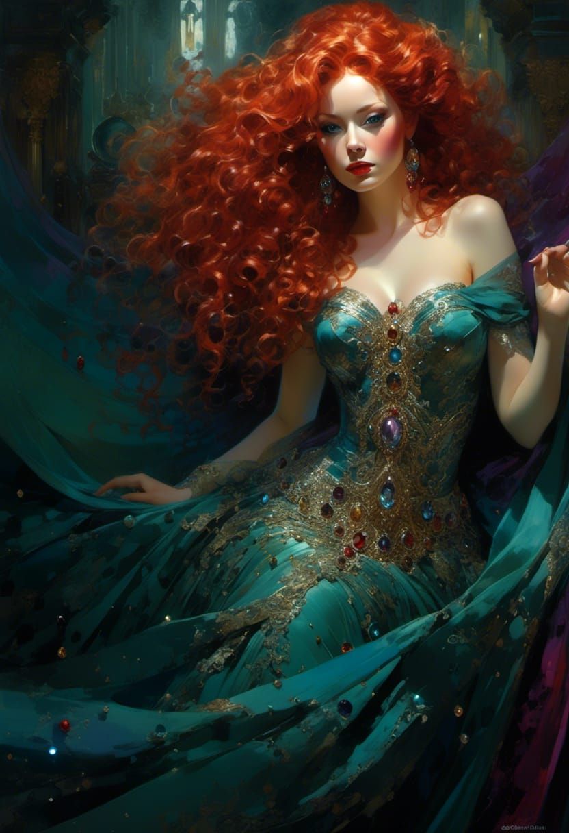 Red-Haired Queen with Rainbow Gems: A Digital Masterpiece