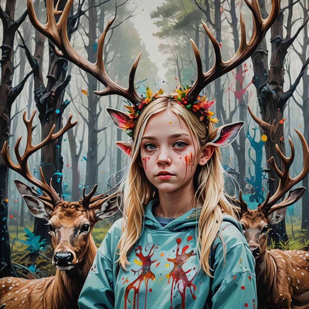 Girl with Antlers and Deer in Forest, Graffiti Art