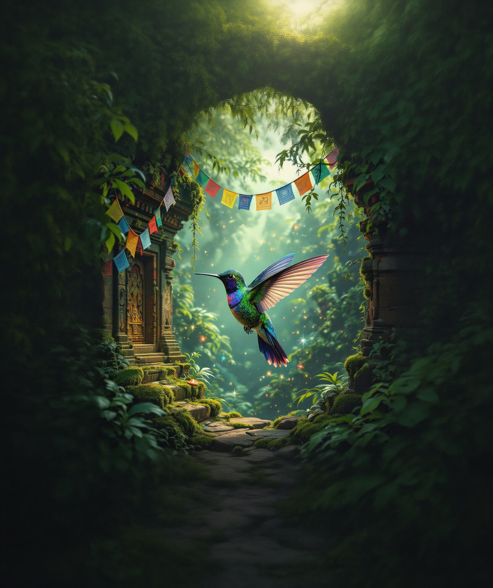 Bioluminescent Hummingbird in Amazon Valley: Thangka Paintin...