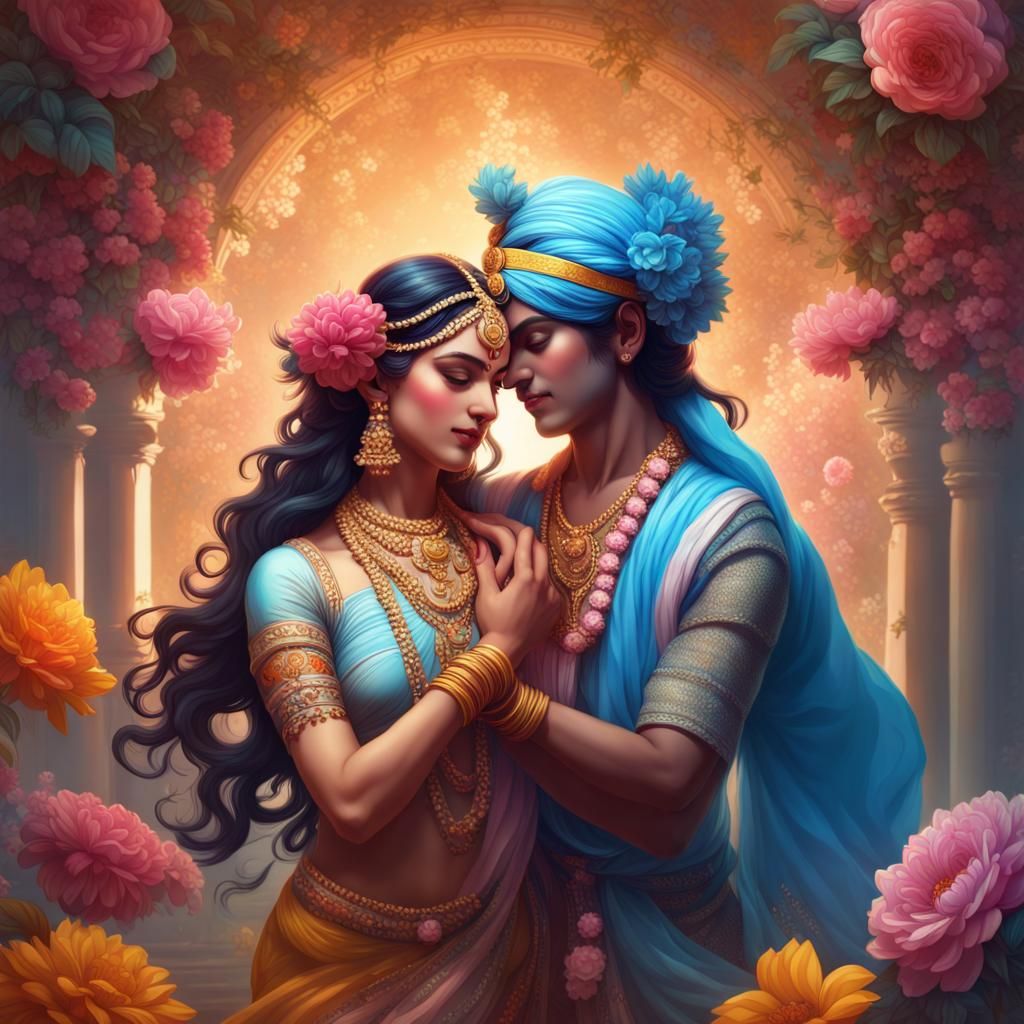 Radha Krishna Dance: Hyperdetailed Art Nouveau Portrait