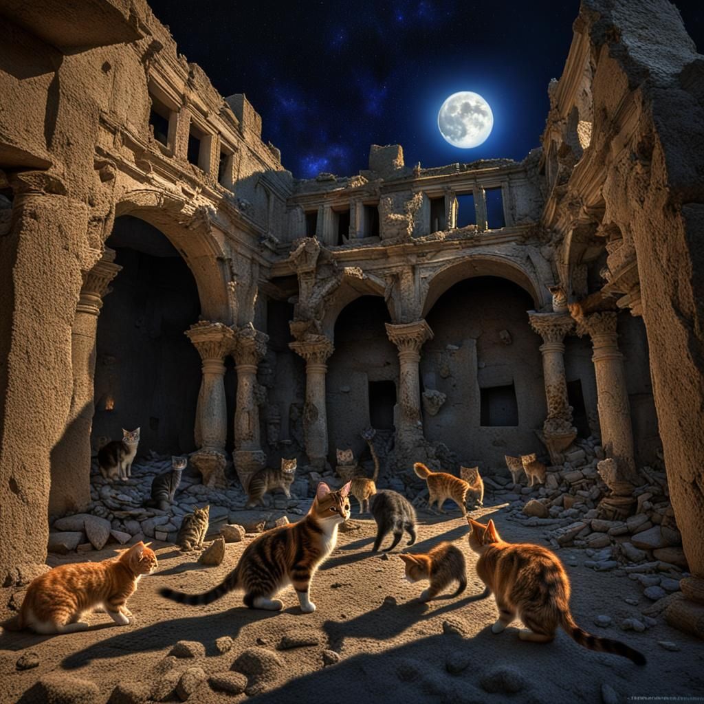 Cats Frolicking in Moonlit Ruins: Hyperrealistic Image