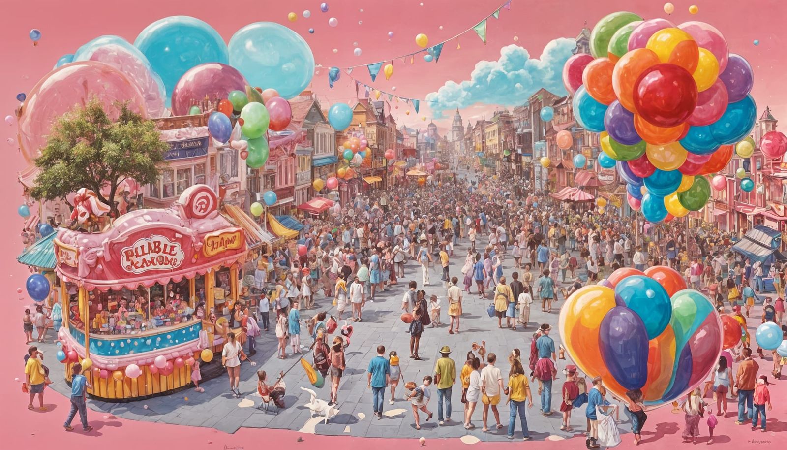 Whimsical Bubble Gum Festival in Colorful Town Square