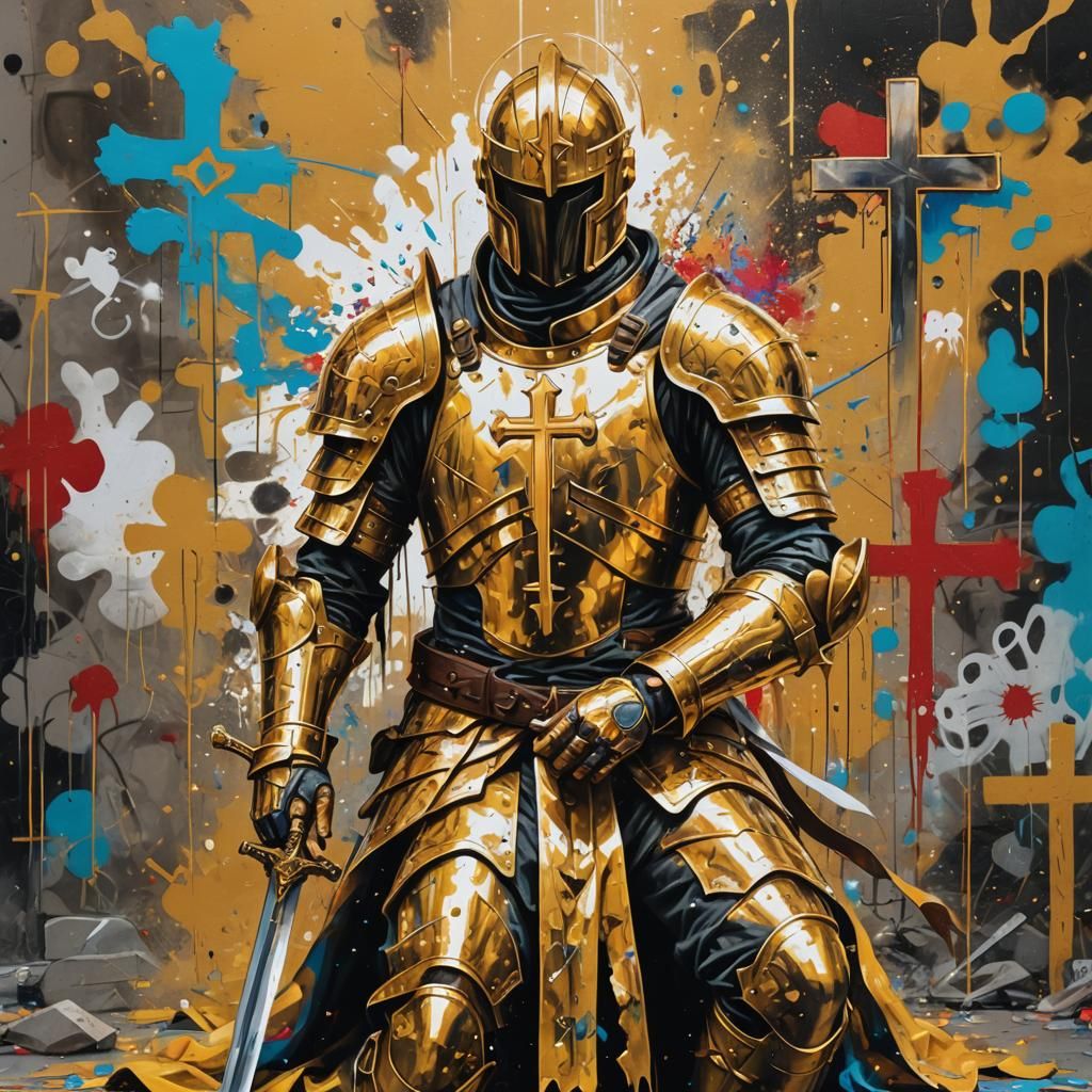 Golden Knight Praying: Graffiti Art Illustration