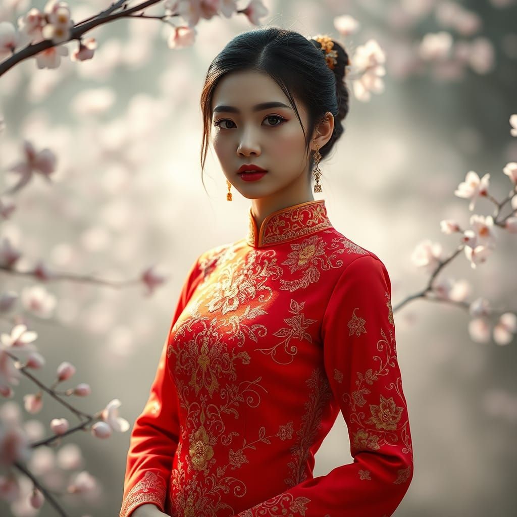 Woman in Red Qipao Dress with Cherry Blossoms