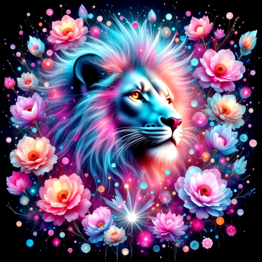 Neon Glass Lion Surrounded by Pastel Flowers