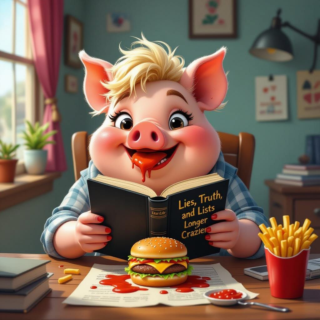 Whimsical Orange Pig with Blond Hair Eats at Desk