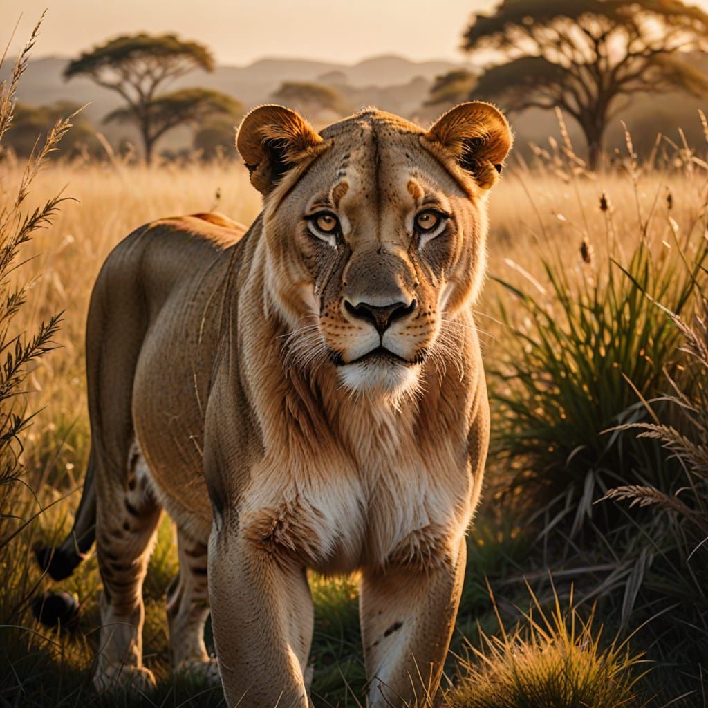 Majestic Lioness in Golden Savannah Light