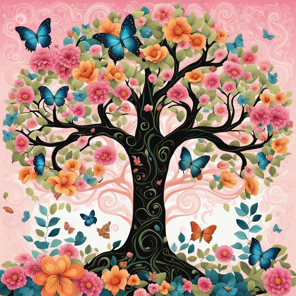 Colorful Tree with Flowers and Butterflies Illustration