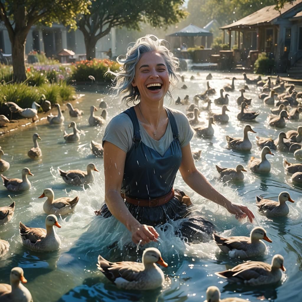 Joyful Farm Scene with Playful Ducks, Matte Painting