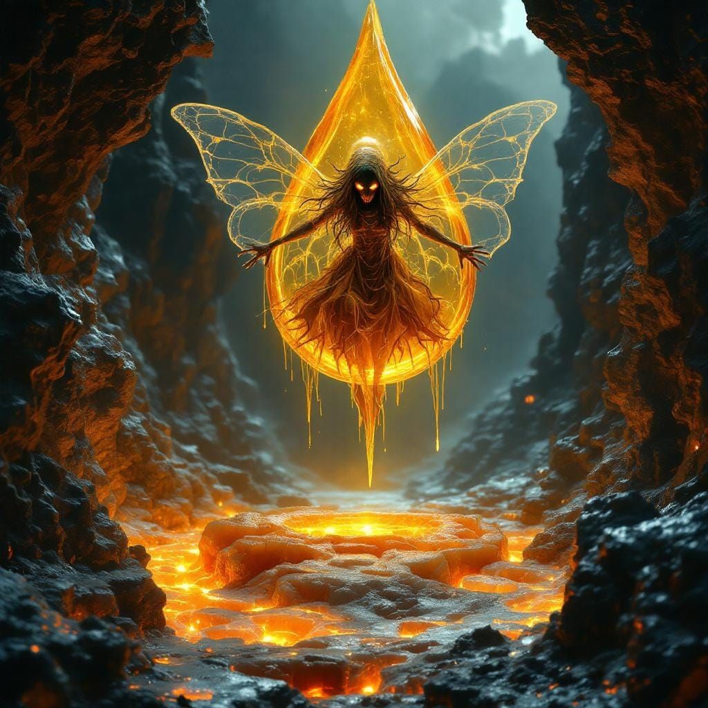 Surreal Gothic Fairy in Amber Droplet, Optical Surrealism