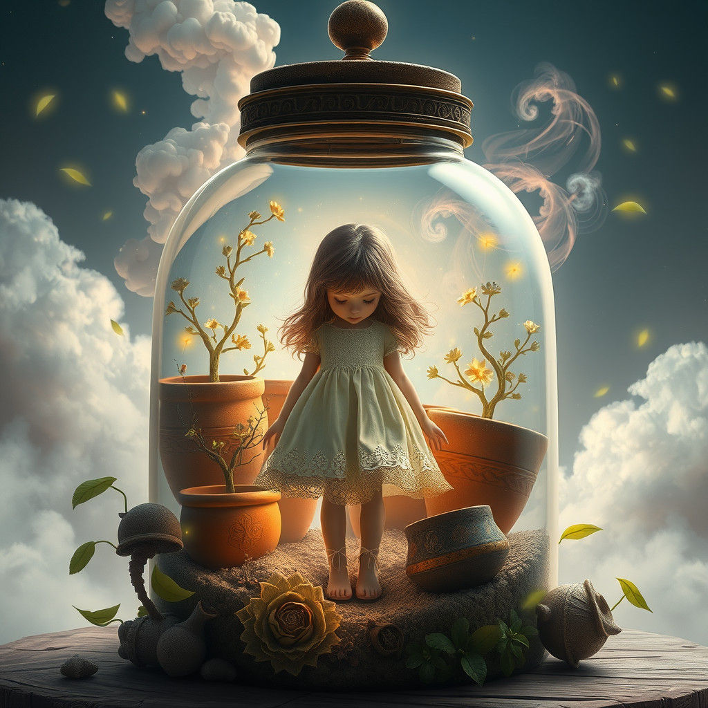 Girl Encased in Glass Bottle in Dreamlike World