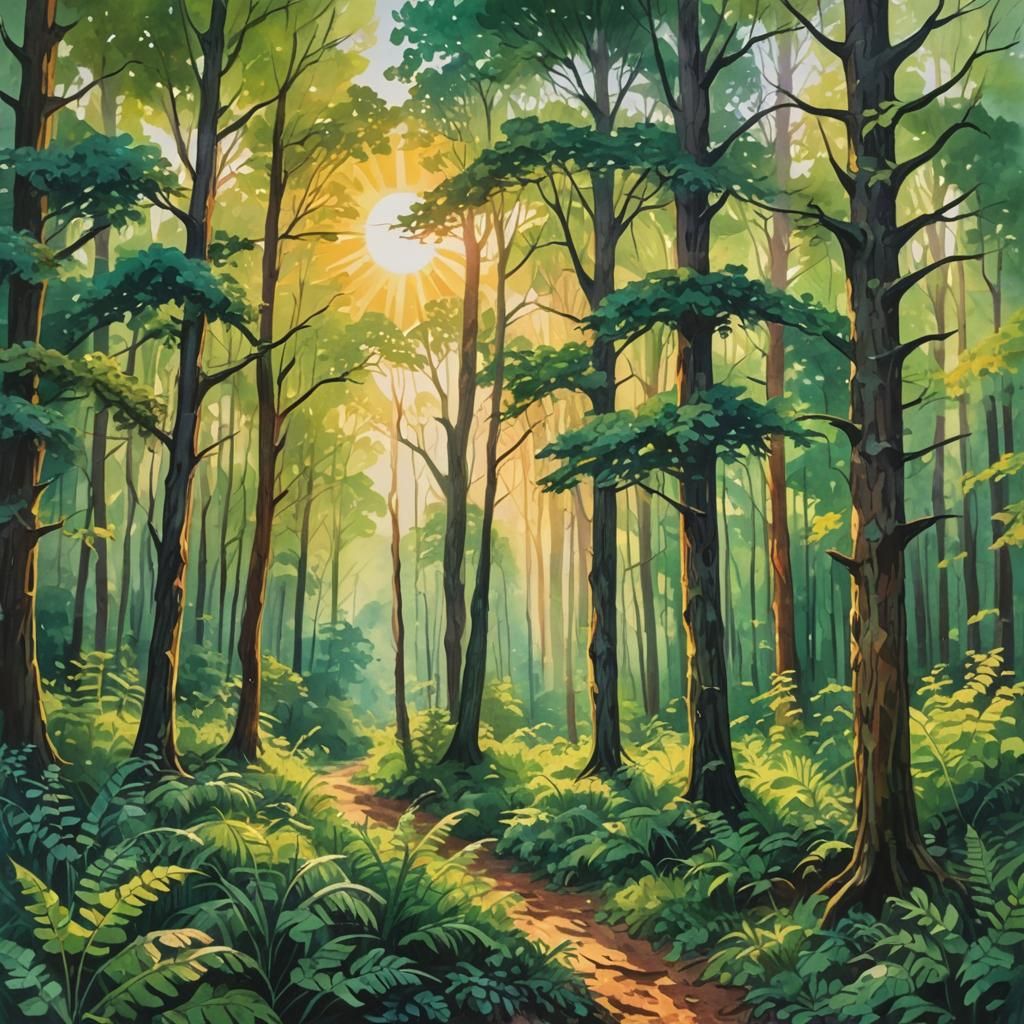 Sun Rising Over Forest in Impressionist Gouache Style