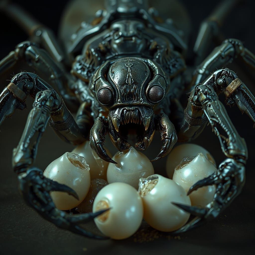 Nightmarish Arachnid Guarding Eggs in Biomechanical Style